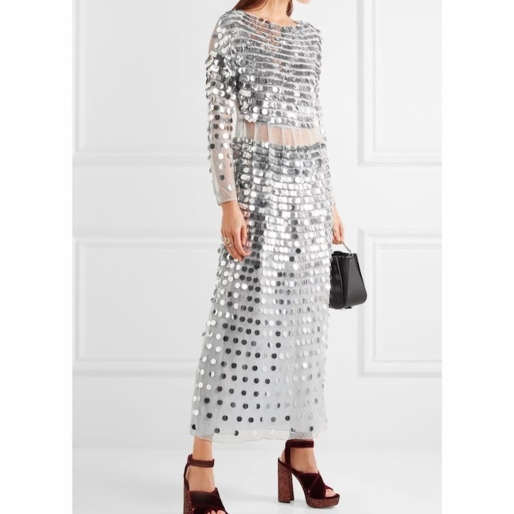 Alexachung Paillette Embellished Silver Sequin Mirror Ball Tulle Midi Dress